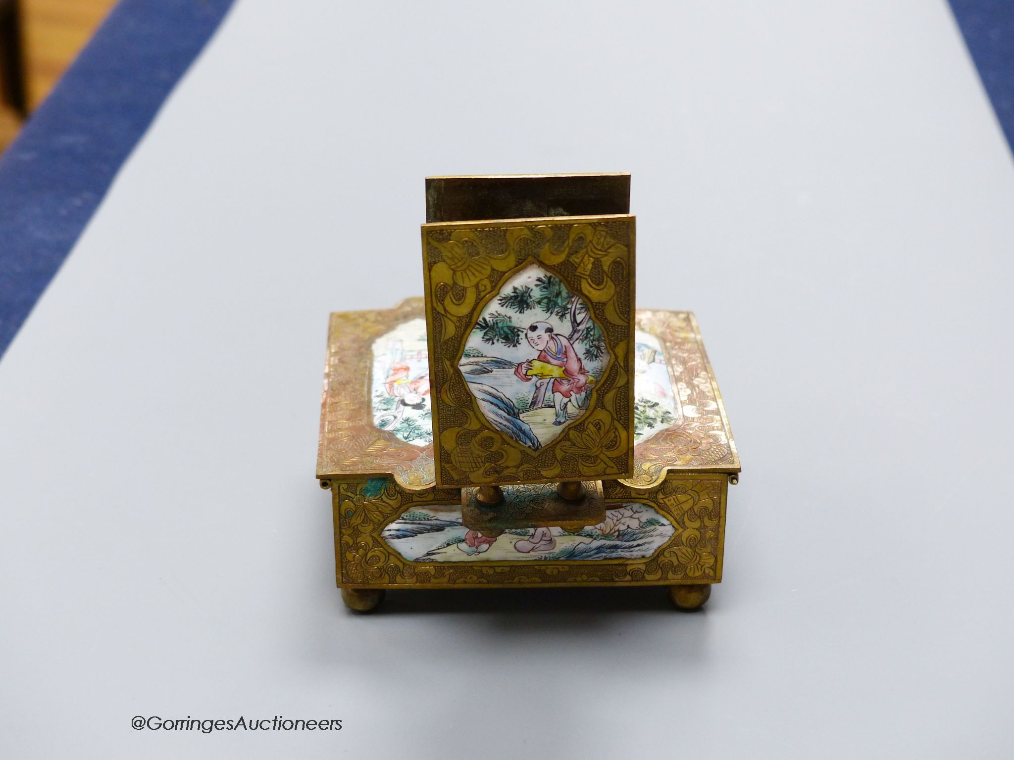 An early 20th century Chinese brass and enamel cigarette box and matchbox holder, 9 x 9cm